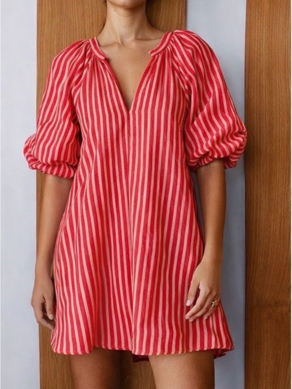 Magaschoni Red and Pink Striped V-Neck Puff Sleeve Mini Dress